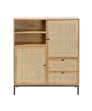 
Ontdek dit prachtige hoge buffetkast met natuurlijke rotan fronten. Het exotische ontwerp past bij elk interieur en geeft een stijlvolle uitstraling aan je kamer. Dit buffet heeft verschillende opbergmogelijkheden: 2 deuren, 2 laden en 2 vakken om al je spullen in op te bergen. Productkenmerken : Natuurlijke rotan fronten. 2 deuren met 1 plank achter elke deur. 2 vakken. 2 laden gemonteerd op kogelgeleiders. Metalen poten en handgrepen. Zelfbouwmeubel: zelf te monteren. Productafmetingen : Lengte: 100 cm x Breedte: 40 cm x Hoogte: 120 cm - Nettogewicht: 39,5 kg. Verpakkingsafmetingen : Pakket nr. 1: Lengte: 108,5 cm x Hoogte: 12,5 cm x Diepte: 46 cm - Gewitch : 20kg. Pakket nr. 2: Lengte: 109,5 cm x Hoogte: 11,5 cm x Diepte: 55 cm - Gewitch : 21,5kg. Totaal bruto gewicht : 41,5 kg. Merk: CaliCosy Kleur: Wooden Effect