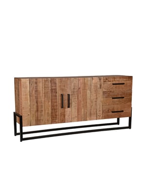 
Dressoir Bolivia van LABEL51 is vernoemd naar het bescheiden en zeer indrukwekkende Bolivia. Dressoir Bolivia kenmerkt zich dan ook door de prachtige horizontaal en verticaal gefreesde nerven in het levendige mangohout. Het indrukwekkende zwarte frame geeft de illusie dat de kast zweeft. Kortom; een slim vormgegeven meubel waar op stijlvolle wijze spullen in opgeborgen kunnen worden.Dit fris ogende dressoir, uitgevoerd in de kleur rough is gemaakt van mangohout. Het karakteristieke mangohout bevat horizontaal en verticaal gefreesde nerven waardoor het dressoir een trendy, moderne en strakke uitstraling krijgt. Dressoir Bolivia is een asymmetrisch meubel met aan de ene zijde twee ruimtes verdeeld door een vaste plank en afgesloten door een deur, voorzien van moderne greepjes. Aan de andere zijde bevinden zich drie royale lades om extra veel spullen op te kunnen bergen. Het strakke doorlopende frame, uitgevoerd in zwart metaal geeft het geheel een luchtige uitstraling en zorgt ervoor dat het meubel stevig op de grond staat.Dressoir Bolivia straalt sfeer uit door zijn charmante design en vormt het perfecte meubel voor een industrieel retro interieur met een modern accent. Bekijk de hele serie Bolivia en combineer verschillende meubelen om een perfect geheel te creëren.• Dressoir Bolivia is modern, trendy en stijlvol• Dressoir Bolivia is handgemaakt. Geheel uitgevoerd in massief mangohout• Dressoir Bolivia is een veelzijdig en functioneel item - Afmeting: 40x184x85 - Kleur: Bruin - Materiaal: Hout