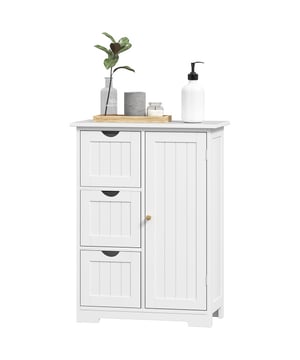 
Ervaar de charme en functionaliteit van het HOMCOM badkamermeubel. Dit elegante meubelstuk heeft drie lades en een kast met twee niveaus en een verstelbare plank – perfect om uw keukengerei netjes op te bergen. Veiligheid is gegarandeerd dankzij de anti-kantel scharnieren en ladestoppers. Het gladde, gelakte MDF-oppervlak voegt een vleugje elegantie toe aan uw badkamer.Kenmerken: Drie lades en een kast met twee niveaus maximaliseren de opbergruimte in de badkamer Verstelbare plank met drie niveaus voor verschillende opslagbehoeften Anti-kantelvoorzieningen verhogen de veiligheid door kantelen te voorkomen Ladestoppers voorkomen dat spullen er volledig uit worden getrokken en verspreid raken Gelakt MDF biedt een elegante, vochtbestendige afwerking Antislip voetjes zorgen voor stabiliteit op gladde oppervlakken Geschikt voor het opbergen van toiletartikelen, handdoeken en badkamerbenodigdhedenTechnische gegevens: Kleur: Wit Materiaal: MDF Totale afmetingen: 60B x 30D x 80H cm Binnenafmetingen kast: 24B x 26D x 70H cm Binnenafmetingen lade: 21,5 B x 24,5 D x 18,5 H cm Draagvermogen: 20 kg (totaal), 5 kg (plank), 2,5 kg (lade) - Afmeting: - Kleur: Wit - Materiaal: Spaanplaat