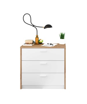 
Kenmerken van het product:Ladekast met 3 lades + uitschuifbaar bureau. De ladekast zelf is 81 cm breed, met het bureau is de breedte 130 cm. Spaanplaten categorie E1, PEFC-gecertificeerd, met melamine-oppervlak. Metalen scharnieren van kleppen, ABS-geluiddempers en krasbestendige pads. Decor eiken nodi en wit. Productafmetingen: Lengte 81 cm x Breedte 40 cm x Hoogte 75 cm - Nettogewicht: 34,01 kg. Verpakkingsafmetingen:Pakket nr. 1: Lengte 89 cm x Hoogte 14,1 cm x Diepte 58,5 cm - Bruto gewicht: 34,7 kg.  Merk: CaliCosy Kleur: Wooden Effect