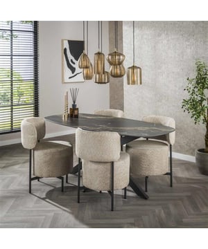 
De Hoyz Collection Eetkamertafel Spider in Deens ovale vorm en Ceramic Fossil Black uitvoering is een stijlvolle toevoeging aan elke eetkamer. Deze trendy en chique eettafel combineert functionaliteit met een uniek design, waardoor het een echte blikvanger is. De tafel biedt ruimte voor 4 personen en is perfect voor gezellige diners en lange avonden tafelen.Het tafelblad is vervaardigd uit hoogwaardig keramiek met een prachtige Fossil Black afwerking, wat zorgt voor een duurzaam en gemakkelijk te onderhouden oppervlak. Het metalen spiderframe onderstel geeft de tafel een moderne en industriële look. Met een breedte van 180 cm en een diepte van 90 cm biedt deze eettafel voldoende ruimte voor al je favoriete gerechten en decoraties. De hoogte van 76 cm zorgt voor een comfortabele zitpositie. Deze eettafel is niet alleen een functioneel meubelstuk, maar ook een statement in je interieur.Hoogte76 cmBreedte180 cmLengte90 cmMateriaalKeramiek, MetaalKleurZwartGewicht61 kgVormOvaalDoelgroepVolwassenenHoogte instelbaarNeeGeschikt voor aantal personen4Inclusief ladesNeeInhoud van setGeen setOpklapbaarNeeSeizoenscollectie4 seizoenenSeizoensjaarNever out of stockType tafelEettafelVerpakkingsgewicht68 kgOnderhoudstipAfnemen met een vochtige doekVerpakkingsbreedte188 cmVerpakkingslengte98 cm