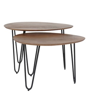 
Salontafel Fabio bestaat uit twee tafels, gemaakt van mangohout en zwart metaal. Deze salontafelset is handig in gebruik, omdat de tafels dankzij de schuifruimte naar eigen wens kunnen worden geplaatst. Een echte, speelse must-have! Fabio bestaat uit twee organisch gevormde tafels. Onder de grotere tafel van 68 x 43 x 44 cm schuif je eenvoudig de kleinere tafel van 60 x 42 x 40 cm. Zo bepaal je helemaal zelf hoe je de tafels neerzet. De tafelbladen zijn uitgevoerd in natuurlijk mangohout. De drie speelse hairpin poten in zwart geven de tafels een fris en luchtig karakter. De salontafelset Fabio wordt gedemonteerd geleverd. Onderhoud Mangohout heeft in het algemeen weinig onderhoud nodig en is behandeld tegen vocht en vlekken. Gebruik een lichtvochtige doek om de tafels schoon te maken. Wij geven echter geen garantie op het eventueel ontstaan van oneffenheden. Om beschadigingen, vlekken en kringen te voorkomen, raden wij aan om onderzetters en/of viltjes te gebruiken. Het mangohout is afgewerkt met een beschermlaag. Om het hout te beschermen én mooi en levendig te houden raden wij aan om het hout 2 tot 4 keer per jaar te behandelen met Elite Polish. Merk: Home67 Materiaal: Mangohout,Metaal Kleur: Bruin