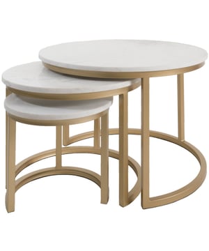 
Op zoek naar een luxe en stijlvolle salontafel? Dan is salontafel set Jasmin perfect voor in jouw interieur! Het marmeren blad is 2 cm dik en heeft een mooie glans. De combinatie van het metalen frame en het marmeren tafelblad, geeft deze salontafel een luxe uitstraling. Het materiaal marmer is een zeer sterke steensoort en daarnaast gemakkelijk schoon te houden. Salontafel Jasmin Marmer is een set van 3 tafels. De drie salontafels verschillen in hoogte, hierdoor kunnen ze gemakkelijk onder elkaar geschoven worden. Deze salontafel set wordt gratis thuisbezorgd. Na ontvangst kan je de set direct een mooie plek in huis geven. De tafels zijn namelijk al in elkaar gezet. Mocht de set van 3 na ontvangt toch geen match zijn met jouw interieur, is het uiteraard mogelijk de set te retourneren. Afmetingen:Kleine tafel: 33 x 33 x 30.5 cm.Middel tafel: 47 x 47 x 37 cm.Grote tafel: 61 x 61 x 41.5 cm. Merk: Home67 Materiaal: Marmer,Metaal Kleur: Wit;Goud EAN: 8785255819424