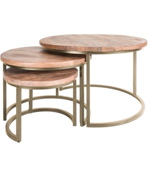 
Salontafel Erjan is een industriele salontafelset van 3. De tafelset is gemaakt van een massief mango houten blad in combinatie met een goud metalen frame. Het gouden ijzeren frame zorgt ervoor dat de tafel stevig op de grond staat. Daarnaast is het hoogwaardige mangohouten blad behandeld tegen vocht en vlekken. De tafels kunnen afzonderlijk van elkaar neer gezet worden of juist bij elkaar! De drie tafeltjes passen perfect in elkaar en hierdoor ontstaat een speels effect. Het ronde tafelblad (2 cm dik) is gemaakt van duurzaam mangohout. Het framewerk van de salontafel set is gemaakt van goud gepoedercoat staal. Het onderstel van alle tafeltjes zijn halfopen. De tafeltjes worden gemonteerd geleverd waardoor je na ontvangst de set alleen maar hoeft uit te pakken en op de juiste plek moet zetten.Het product wordt op een ambachtelijke manier met de handgemaakt. Dit is een bewuste keuze omdat wij zo de uitstraling bereiken welke we voor ogen hebben, namelijk een unieke en rustieke uitstraling voor onze producten!Deze salontafel set wordt gratis thuis bezorgd. Mocht de set van 3 na ontvangt toch geen match zijn met jouw interieur, is het uiteraard mogelijk de set te retourneren. De retourkosten voor dit product zijn €7.95.Afmetingen: Grote tafel: 61 x 61 x 42 cmMiddelgrote tafel: 47 x 47 cx 37 mKleine tafel: 33 x 33 x 31 cmOnderhoudMangohout heeft in het algemeen weinig onderhoud nodig en is behandeld tegen vocht en vlekken. Wij geven echter geen garantie op het eventueel ontstaan van oneffenheden. Om beschadigingen, vlekken en kringen te voorkomen, raden wij aan om onderzetters en/of viltjes te gebruiken.Het mangohout is afgewerkt met een beschermlaag. Om het hout te beschermen én mooi en levendig te houden raden wij aan om het hout 2 tot 4 keer per jaar te behandelen met Elite Polish. Merk: Home67 Materiaal: Mangohout,Metaal Kleur: Bruin;Goud EAN: 8785255820161