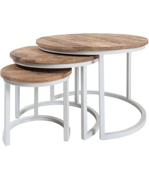 
Salontafel Erjan is een industriele salontafelset van 3. De tafelset is gemaakt van een massief mango houten blad in combinatie met een wit metalen frame. Het witte ijzeren frame zorgt ervoor dat de tafel stevig op de grond staat. Daarnaast is het hoogwaardige mangohouten blad behandeld tegen vocht en vlekken. De tafels kunnen afzonderlijk van elkaar neer gezet worden of juist bij elkaar! De drie tafeltjes passen perfect in elkaar en hierdoor ontstaat een speels effect. Het ronde tafelblad (2 cm dik) is gemaakt van duurzaam mangohout. Het framewerk van de salontafel set is gemaakt van wit gepoedercoat staal. Het onderstel van alle tafeltjes zijn halfopen. De tafeltjes worden gemonteerd geleverd waardoor je na ontvangst de set alleen maar hoeft uit te pakken en op de juiste plek moet zetten. Het product wordt op een ambachtelijke manier met de handgemaakt. Dit is een bewuste keuze omdat wij zo de uitstraling bereiken welke we voor ogen hebben, namelijk een unieke en rustieke uitstraling voor onze producten! Deze salontafel set wordt gratis thuis bezorgd. Mocht de set van 3 na ontvangt toch geen match zijn met jouw interieur, is het uiteraard mogelijk de set te retourneren. De retourkosten voor dit product zijn €7.95. Afmetingen: Grote tafel: 61 x 61 x 42 cmMiddelgrote tafel: 47 x 47 x 37 cmKleine tafel: 33 x 33 x 31 cmOnderhoudMangohout heeft in het algemeen weinig onderhoud nodig en is behandeld tegen vocht en vlekken. Wij geven echter geen garantie op het eventueel ontstaan van oneffenheden. Om beschadigingen, vlekken en kringen te voorkomen, raden wij aan om onderzetters en/of viltjes te gebruiken.Het mangohout is afgewerkt met een beschermlaag. Om het hout te beschermen én mooi en levendig te houden raden wij aan om het hout 2 tot 4 keer per jaar te behandelen met Elite Polish. Merk: Home67 Materiaal: Mangohout,Metaal Kleur: Bruin;Wit EAN: 8720769973293