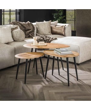 
Deze trendy organische salontafel set van 3 is uitgevoerd in massief acacia hout met een naturel finish. De randen van de bladen lopen iets schuiner af, wat een prachtig effect geeft. De tafels kunnen naar eigen inzicht speels bij elkaar neergezet worden. De grootste tafel heeft een oppervlak van 90 bij 55 centimeter en een hoogte van 50 centimeter. De middelste tafel heeft een oppervlak van 66 bij 46 centimeter en een hoogte van 46 centimeter. De kleinste tafel heeft een oppervlak van 55 bij 41 centimer en een hoogte van 42 centimeter.Over het merkWij zijn continu bezig met het samenstellen van stoere collecties die naast functioneel ook nog is heel trendy zijn. Veel van ons assortiment is zo ontworpen dat het leuk bij elkaar staat in elke kamer, daarom raden wij zeker aan om even een kijkje te nemen in ons assortiment voor leuke matchende items! - Afmeting: 55x90x50 - Kleur: Bruin - Materiaal: Metaal
