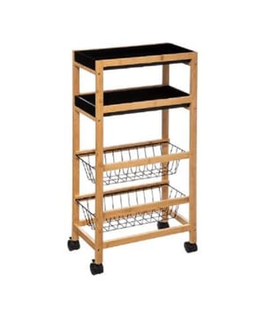 
Bewaar je groenten en fruit op deze strakke design serveertafel. Met deze zwenkwielen kunt u hem gemakkelijk verplaatsen. Dit badkamerrek/keukenrek is voorzien van 4 grote vakken, waarvan 2 zwarte uitneembare bakken zijn en 2 uitneembare draadmanden zijn in de kleur zwart. Deze 4 ruime bakken waar je van alles in kan plaatsen, afhankelijk van het doelgebruik, is handig in dagelijks gebruik. Al met al een ruime trolley voor de badkamer of keuken. Maar uiteraard misstaat hij niet op kantoor.  Afmetingen ca. : breedte 22 cm, hoogte 83 cm en diepte 40 cm. Het is gemaakt van bamboe en is voorzien van 4 wielen zodat hij makkelijk verplaatst kan worden. Daarom wordt het ook wel een serveerwagen genoemd of butler. Kenmerken:Materiaal: BamboeLengte: 40 cmBreedte: 22 cmHoogte: 83 cmVoorzien van wielenMateriaal:  Bamboe en gelakt MDFEenvoudige montage en onderhoud.Kleur: Zwart met bruin - Afmeting: - Kleur: Bruin - Materiaal: MDF