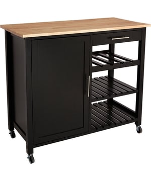 
Deze keukentrolley is ideaal voor het creëren van extra opbergruimte in je keuken en meer werkruimte op je werkblad. Deze keukentrolley is zwart van kleur en gemaakt van kwalitatief MDF hout. De afmetingen van deze trolleys zijn 100 cm breed, 48 cm diep en 87,5 cm hoog. Opbergen in de keuken Deze houten trolley is gemakkelijk te gebruiken in elke keuken. De opberger heeft een luxe uitstraling en is voorzien een houtkleurig werkblad en een zwart, houten-mdf frame. Aan de linkerkant van deze zwarte keukentrolley zit een kastje waar je gemakkelijk servies of glazen kan opbergen zonder dat ze direct zichtbaar zijn. Aan de rechterkant zit een opberglade met daaronder een wijnfleshouder met plek voor 4 flessen. Onder de wijnfleshouder heb je nog twee planken waar je gemakkelijk keukengerei of andere spullen op kan zetten. Deze luxe trolley van Five® is voorzien van zwenkwieltjes die ervoor zorgen dat je de trolley gemakkelijk kan verrijden.Het meubel is voorzien van een lade, een afsluitbare kast, drie planken en een groot tafelblad waarop voorwerpen van verschillende afmetingen kunnen worden geplaatst. De bovenste plank is speciaal gevormd zodat je flessen gemakkelijk kunt vervoeren. De verrijdbare tafel is ontworpen voor elke interieurstijl en past dankzij de universele vormen perfect in elk interieur. Extra werkblad of opbergruimte nodig? Dan is deze keukentrolley echt iets voor jouw keuken. Begin nu met opbergen!EigenschappenAfmetingen : B 100 × D 47,8 × H 87,3 cmMateriaal structuur en lades : MDF - vezelplaatMateriaal schaal : RubberboomMateriaal wielen : PVCZelfmontage : JaGewicht : 24 kgDeze trolley is zelf te monteren - Afmeting: - Kleur: Zwart - Materiaal: MDF