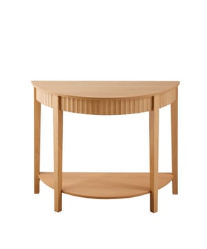 
Productkenmerken:   Consoletafel met 2 niveaus.Afgeronde vorm.Geribbeld effect onder het bovenblad.Bladen van spaanplaat.Potten van massief rubberhout.Productafmetingen: Breedte 40 cm x Lengte 100 cm x Hoogte 76 cm - Nettogewicht: 11,35 kg.Paketafmetingen: Pakket nr. 1: Breedte 45 cm x Lengte 105 cm x Hoogte 16 cm - Brutogewicht: 13 kg. Merk: CaliCosy Kleur: Wooden Effect
