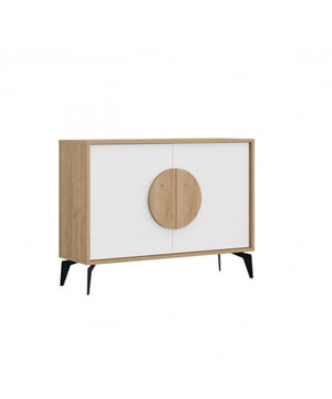
Voeg een vleugje Scandinavische stijl toe aan je interieur met het 'Buffet 2 Deuren L110 cm - Vae' van Marckeric. Dit charmante buffet combineert een witte afwerking met een natuurlijk eiken decor, waardoor het een warme en uitnodigende sfeer creëert. Met zijn praktische opbergruimte en stijlvolle design is dit buffet de perfecte aanvulling op je woonkamer, eetkamer of hal. Berg je spullen netjes op en presenteer je favoriete decoraties met trots!Dit buffet is gemaakt van hoogwaardig melamine, wat zorgt voor een duurzaam en onderhoudsvriendelijk meubelstuk. De metalen poten, afgewerkt in zwart, geven het buffet een moderne en stevige basis. Met een breedte van 110 cm en een hoogte van 82 cm biedt dit buffet voldoende ruimte zonder te veel plek in te nemen. De combinatie van wit en eikenhout maakt het makkelijk te combineren met verschillende interieurstijlen, van modern tot landelijk. De twee deuren verbergen een ruime opbergruimte, perfect voor het opbergen van servies, boeken of andere benodigdheden.MerkMarckericKleurWit, eiken / Wit en eiken / Wit-natuurMateriaalMelamineMateriaal potenMetaalKleur potenZwartAfmetingen110 x 82 cmHoogte82 cmBreedte110 cm