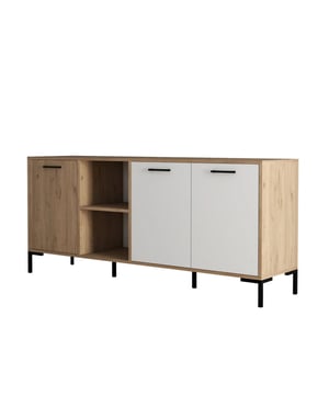 
Voeg een vleugje moderne elegantie toe aan je interieur met het Aurora buffetkast. Dit stijlvolle dressoir, uitgevoerd in een fraaie combinatie van eiken en wit decor, biedt niet alleen veel opbergruimte, maar is ook een echte blikvanger in je woonkamer of slaapkamer. Met zijn strakke lijnen en minimalistische design past de Aurora perfect in een moderne inrichting. De metalen poten geven het geheel een extra moderne touch en zorgen voor een stabiele basis.De Aurora buffetkast is gemaakt van melamine gecoat spaanplaat en MDF, wat zorgt voor een duurzaam en onderhoudsvriendelijk meubel. De kast beschikt over 3 deuren en 2 nissen, waardoor je voldoende ruimte hebt om spullen netjes op te bergen. Dankzij de meerdere planken kun je de ruimte optimaal benutten. Bovendien is de kast voorzien van LED verlichting, wat een sfeervol accent geeft. De mogelijkheid om de kast aan de muur te bevestigen zorgt voor extra veiligheid en stabiliteit. Dit dressoir wordt geleverd als bouwpakket, maar is eenvoudig zelf te monteren. De hoogte van de kunststof poten is 20 cm en de dikte van de planken is 18 mm. De breedte van de deur is 44,2 cm.MerkASIR/Hanah Home/Woody FashionHoogte80 cmBreedte180 cmLengte/Diepte45 cmMateriaalMelamine gecoat spaanplaat/Metaal/MDFKleurEiken/Wit/MulticoloreGewicht55.0 kgAantal plankenMeerdereMogelijkheid om aan de muur te bevestigenJaGarantie2 jaarLand van herkomstTurkijeStijlModern (current, minimalist)Geschikt voorWoonkamer, slaapkamerAantal deuren3Aantal lades1Assemblage vereistZelfmontageLED verlichting inbegrepenJaHoogte kunststof poten20 cmBreedte deur44,2 cm