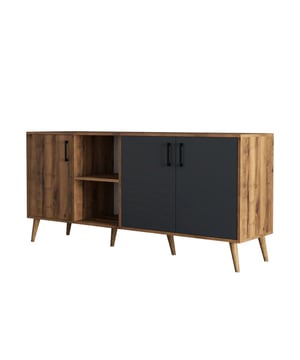 
Voeg een vleugje moderne elegantie toe aan je interieur met het Exxen buffet in noten en antraciet grijs. Dit stijlvolle dressoir biedt niet alleen een prachtige esthetiek, maar ook praktische opbergruimte voor al je benodigdheden. Met zijn strakke lijnen en contrasterende kleuren is dit buffet een echte blikvanger in elke woonkamer, eetkamer of hal. Creëer een georganiseerde en stijlvolle omgeving met dit veelzijdige meubelstuk.Het Exxen buffet is vervaardigd uit 100% melamine spaanplaat met houten poten, wat zorgt voor een duurzame en stevige constructie. De combinatie van notenkleur en antraciet grijs geeft het buffet een warme en moderne uitstraling die perfect past in diverse interieurstijlen. Met twee nissen en drie deuren biedt dit buffet voldoende ruimte om spullen netjes op te bergen en uit het zicht te houden. Het buffet kan aan de muur worden bevestigd voor extra stabiliteit. De planken hebben een dikte van 18 mm. Dit buffet wordt geleverd als een eenvoudig te monteren kit.KleurWalnuss Anthrazit (Noten en Antraciet Grijs)Materiaal100% melamine spaanplaat, houten potenBreedte180 cmHoogte80 cmDiepte45 cmAfmetingenBreedte: 180 cm, Hoogte: 80 cm, Diepte: 45 cmDikte18 mmMontageZelf te monteren