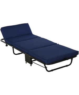 
Maak je je zorgen dat je voor onverwachte logés geen bedden beschikbaar hebt? Geen probleem: dit  Homcom opklapbed lost het voor je op. Met dit opklapbed creëer je snel en eenvoudig ruimte voor logés. Je hebt geen extra ruimte nodig. Zolang het bedframe uitgeklapt staat, heb je direct een bed ter beschikking voor je gasten. Als hij niet wordt gebruikt, kun je hem opklappen en in een hoek zetten om ruimte te besparen. Door de zwenkwielen kun je jouw bed naar wens verplaatsen.Kernpunten:Ruimtebesparend en extra bed voor gasten: Dit opklapbed van HOMCOM overtreft het ongemak van een traditioneel matras, die groot en dus niet makkelijk op te bergen is. Als hij niet wordt gebruikt, kun je hem gemakkelijk inklappen en in de hoek van de kamer plaatsen om ruimte te besparen. Als je logés verwacht, klap je hem gewoon uit tot een extra bed. Ideaal!Eenvoudig te plaatsen en mobiel: Je kunt dit logeerbed zonder extra gereedschap binnen enkele seconden uitklappen. Dankzij de 5 extra universele zwenkwielen kun je het bed eenvoudig naar elke gewenste plek verplaatsen. Jouw gasten zullen straks goed kunnen slapen.Super comfortabel: De schuimmatras van 6 cm dik past zich aan de lichaamshouding aan en verlicht de drukpunten. Hij is erg comfortabel om op te slapen, hij is niet te zacht en niet te hard. Je kunt het hoofdeinde van het bed in 5 standen zetten en de lighoek vrij kiezen.Degelijk en stevig: Het steunframe op de wielen is gemaakt van stevig metaal, waardoor dit bed max. 120 kg kan dragen. De wielen zijn van hoge kwaliteit, zeer duurzaam en kunnen diverse kanten uit draaien.Productgegevens: Totale afmetingen: 184 l x 65 b x 26 h cm, afmetingen ingeklapte maat: 65 l x 30 b x 69 h cm. draagvermogen: 120 kgTechnische specificaties: Kleur: blauw Materiaal: staal, schuimstof Totale afmetingen: 184 l x 65 b x 26 h cm Afmetingen ingeklapt: 65 l x 30 b x 69 h cm Hoogte van de hoofdsteun vanaf de vloer: 33 cm/41 cm/47 cm/52 cm/54 cm Matrasdikte: 6 cm Draagvermogen: 120 kg - Afmeting: - Kleur: Blauw - Materiaal: Kunststof