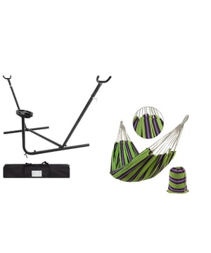 
Een stevige universele hangmat standaard in de kleur zwart in een set samen met Canvas hangmat in de kleur rood. Dit model heeft ook nog een bijzettafel waardoor u helemaal relaxed de zomer door komt met een drankje en telefoon in de buurt! De hangmat kan in hoogte worden ingesteld door de ophanghaak op meerdere hoogtes te variëren, dit kan simpel aangepast. Het stevig stalen frame is gemaakt van 42mm x 2mm buizen en 38 x 2.5mm buizen. Het metaal is aan de buitenkant beschermd door middel van een poedercoating waardoor u jaren plezier heeft van deze standaard. Als u hem niet gebruikt is hij in enkele delen uit elkaar te halen om makkelijk weg te zetten. De hangmat standaard wordt geleverd met een draagtas waarin u hem kunt opbergen als u hem niet gebruikt. De standaard heeft een maximaal gebruikersgewicht van 150 kg, dus hij is goed stevig, ook voor 2 lichtere personen tesamen. Kenmerken 4gardenz® 1 of 2-persoons hangmatstandaard Straight met tafel en hangmat: Afmetingen: 292 cm x 122x110 cm Maximale draagkracht: 150 kg Materiaal: Gepoedercoat staal Kleur: zwart frameKleur hangmat: groen/paars gestreeptVoorzien van bijzet tafelGeleverd inclusief canvas draagtasGewicht: ca. 12 kgDe standaard is weerbestendig. Echter raden wij u aan om uw standaard niet onnodig buiten te laten staan. Bewaar uw standaard dan ook buiten het seizoen in een afgeschermde en droge ruimte. De standaard wordt als pakket aangeleverd en met de handleiding kunt u de standaard in enkele stappen makkelijk in elkaar zetten. Als u hem niet gebruikt is hij snel in 5 delen uit elkaar te halen om makkelijk weg te zetten.4gardenz®: betaalbare producten voor de tuinDoordat wij direct zaken doen met de producent levert 4gardenz tuin artikelen en tuin benodigdheden voor een betaalbare prijs. Trend artikelen en basis artikelen voor de tuin koop je bij 4gardenz! We zijn steeds op zoek naar goede producten voor een betaalbare prijs en zorgen zo voor een gevarieerd aanbod tuin artikelen. 4gardenz® is een merk van 4Goodz, een Nederlandse importeur van diverse productgroepen waaronder tuin gerelateerde producten. Het staat voor kwaliteit, trends en innoverende producten en technieken en constante vernieuwing.  - Afmeting: - Kleur: Zwart - Materiaal: Staal