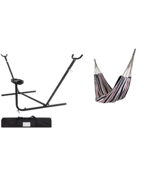 
Een stevige universele hangmat standaard in de kleur zwart in een set samen met Canvas Scandic hangmat in de kleur creme/rood/zwart. Dit model heeft ook nog een bijzettafel waardoor u helemaal relaxed de zomer door komt met een drankje en telefoon in de buurt! De hangmat kan in hoogte worden ingesteld door de ophanghaak op meerdere hoogtes te variëren, dit kan simpel aangepast. Het stevig stalen frame is gemaakt van 42mm x 2mm buizen en 38 x 2.5mm buizen. Het metaal is aan de buitenkant beschermd door middel van een poedercoating waardoor u jaren plezier heeft van deze standaard. Als u hem niet gebruikt is hij in enkele delen uit elkaar te halen om makkelijk weg te zetten. De hangmat standaard wordt geleverd met een draagtas waarin u hem kunt opbergen als u hem niet gebruikt. De standaard heeft een maximaal gebruikersgewicht van 150 kg, dus hij is goed stevig, ook voor 2 lichtere personen tesamen. Kenmerken 4gardenz® Hangmatstandaard met tafel en hangmat: Afmetingen: 292 cm x 122x110 cm Maximale draagkracht: 150 kg Materiaal: Gepoedercoat staal Kleur: zwart frameKleur hangmat: creme/rood/zwart gestreeptVoorzien van bijzet tafelGeleverd inclusief canvas draagtasGewicht: ca. 12 kgDe standaard is weerbestendig. Echter raden wij u aan om uw standaard niet onnodig buiten te laten staan. Bewaar uw standaard dan ook buiten het seizoen in een afgeschermde en droge ruimte. De standaard wordt als pakket aangeleverd en met de handleiding kunt u de standaard in enkele stappen makkelijk in elkaar zetten. Als u hem niet gebruikt is hij snel in 5 delen uit elkaar te halen om makkelijk weg te zetten.4gardenz®: betaalbare producten voor de tuinDoordat wij direct zaken doen met de producent levert 4gardenz tuin artikelen en tuin benodigdheden voor een betaalbare prijs. Trend artikelen en basis artikelen voor de tuin koop je bij 4gardenz! We zijn steeds op zoek naar goede producten voor een betaalbare prijs en zorgen zo voor een gevarieerd aanbod tuin artikelen. 4gardenz® is een merk van 4Goodz, een Nederlandse importeur van diverse productgroepen waaronder tuin gerelateerde producten. Het staat voor kwaliteit, trends en innoverende producten en technieken en constante vernieuwing.  - Afmeting: - Kleur: Zwart - Materiaal: Staal