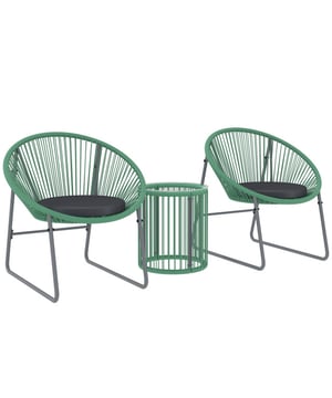 
Breng uw buitenruimte tot leven met de charmante Outsunny weerbestendige rotan tuinmeubelset, perfect voor kleine ruimtes. De meubelset omvat twee Acapulco-stoelen en een cilindrische tafel met glazen blad. De poedergecoate stalen frames zorgen voor stabiliteit. Dankzij de zachte zitkussens wordt de zitlounge voor het balkon de ideale plek voor gezellige uren en ontspannen avonden buitenshuis.Omschrijving:· 3-delige polyrattan tuinmeubelset: Een cilindrische bistrotafel en twee Acapulco-stoelen voor kleine ruimtes· Kunststof rattan om stalen frames gewikkeld, om roest, UV-stralen en weersomstandigheden te weerstaan· Elke stoel van de terrasmeubelset is voorzien van een zacht zitkussen met afneembare hoes· Tafel met gehard glazen blad, gemakkelijk te reinigen· Brede stoelpoten en ronde tafelbasis· Verstelbare voetpads van de bistroset zorgen voor stabiliteit op oneffen oppervlakkenTechnische specificaties:· Kleur: Groen· Materiaal: Staal, PE-rattan, Polyester, Gehard Glas· Stoelafmetingen: 72L x 73B x 77H cm· Tafelafmetingen: Ø45 x 45H cm· Zitgrootte: 43B x 48D cm· Zithoogte: (zonder kussen) 38 cm· Rugmaat: 40L x 48B cm· Kussenafmetingen: Ø45 cm x 5D cm· Draagvermogen: 120 kg (stoel), 30 kg (tafel) - Afmeting: - Kleur: Groen - Materiaal: Pe-rattan