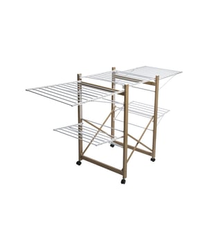 
Zelfs een waslijn kan stijlvol zijn. Dit wasrek heeft een houtlook coating en is daarom wat anders dan de witte of chromen droogrekken. Verrijdbaar door de 4 zwenk wielen, voorzien van 2 uitklapbare delen aan de zijkanten waardoor hij erg veel ophangruimte geeft, maar liefst 27 meter.. Half of volledig opvouwbaar. Dus als je langere items wilt ophangen kun je een deel inklappen. Of als je even wat minder ruimte nodig hebt, klap je een deel in en schuif je hem opzij.  Afmetingen waslijn 27 m.  De droger is gemaakt van metaal en kunststof en heeft een stabiel frame waardoor je er zelfs dikke truien of andere zware kleding aan kunt hangen. Door de wieltjes is de wasdroger gemakkelijk te verplaatsen, ook als deze vol is, dus je kunt hem van de ene plaats naar de andere verplaatsen, bijvoorbeeld als er gasten komen of als je in een studio woont en door plaatsgebrek de wasdroger vaak moet verplaatsen. Bovendien krassen de wielen de vloer niet en zijn ze zelfs veilig voor parket of panelen.Eigenschappen droogrek met houtlook buizen:Kleuren: Houtlook met witProduct afmetingen uitgeklapt: L. 176,3 x D. 60,6 x H. 104 cmMateriaal: metaalGewicht van het product: 8 kgUitschuifbare en opvouwbare waslijn.4 wielen voor gemakkelijker verplaatsen, zelfs wanneer geladen.Wielvergrendelingssysteem.Makkelijk op te vouwen en op te bergen.Afwerking hout en wit effect.Ophangcapaciteit 27 meter.Buizen die het wasgoed niet markeren.Voorgemonteerd geleverd. - Afmeting: L - Kleur: Wit - Materiaal: Aluminium
