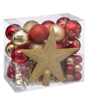 
Versier de kerstboom met deze champagne kleurige decoratieset van CASA DI ELTURO en je hebt er gegarandeerd plezier van. De set bestaat uit 44 verschillende kerstboom decoraties in de vorm van kerstballen, sterren en dennenappels. De diameter is ongeveer 7 cm. Ook zit er een stervormige piek bij die feestelijk is versierd met glitters. De items laten jouw kerstboom stralen en zijn ook nog eens onbreekbaar. Ze zijn namelijk gemaakt van breukvaste kunststof, ook al zie je dat er niet aan af. De decoraties hebben een goud en rode kleur met verschillende afwerkingen. Ideaal voor een feestelijke uitstraling en goed te combineren met andere kerstdecoraties! Kleur: Goud, rood Materiaal: breukvaste kunststof Maat: Ø 7 cm Merk: CASA DI ELTURO Materiaal: Kunstof Kleur: Rood