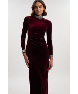 Sleek and luxurious, this elegant dress features crystal embellishments that adorn a high neck and cuffed long sleeves. Crafted from satiny stretch velvet that sculpts the silhouette to a maxi length, pair with minimal heels for elegant occasionwear.Maxi dressEmbellishedHigh neckVelvet
