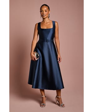 Elegant twill midi dress with a sophisticated square neckline         Flattering A-line silhouette that gracefully falls to mid-calf length         Matching belt with rectangular buckle to define and accentuate the waist         Wide shoulder straps providing comfortable support and refined coverage         Structured back with clean lines completing the polished aesthetic
    
    This beautifully crafted belted midi dress from Coast embodies timeless elegance perfect for special occasions. The structured square neckline frames the dcolletage with sophistication, while the belted waist creates a flattering silhouette that celebrates feminine contours. Style with delicate strappy heels and a statement fascinator for race day glamour, or pair with refined court shoes and a clutch bag for wedding guest perfection. The versatile midi length offers both comfort and elegance, making it appropriate for formal daytime events or evening celebrations. For cooler weather, layer with a tailored blazer or delicate pashmina wrap to maintain the dress's refined aesthetic. This Coast piece promises to become a cherished wardrobe staple for all your most memorable occasions.