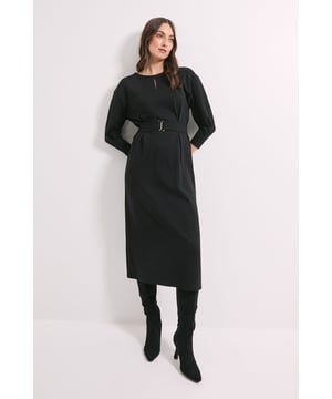 Elegant crew neckline with distinctive keyhole stitch detail for a refined touch
        Flattering midi length with a streamlined silhouette that skims the body
        Three-quarter length sleeves offering versatile year-round wearability
        Stylish belt detail with metal buckle to define and accentuate the waist
        Soft ponte fabric providing comfortable stretch and structure throughout the day
    
    This sophisticated Principles midi dress combines timeless design with contemporary details. The distinctive keyhole stitch at the neckline adds visual interest whilst maintaining a polished aesthetic. Perfect for daytime engagements, style with knee-high boots as shown for an effortlessly chic autumn-to-winter look. The belted waist creates a flattering silhouette that works beautifully for family gatherings or casual workplace settings. For a more relaxed approach, pair with white trainers and a denim jacket, or dress it up slightly with block-heeled ankle boots and a structured tote. The versatile design transitions seamlessly from office to weekend brunch, making it an essential addition to your capsule wardrobe. Layer with a lightweight cardigan or cropped jacket when the temperature drops for extended seasonal wear.