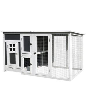 
Deze ruime PawHut kippenren biedt 1,895 m² leefruimte en is comfortabel voor 3 tot 4 kippen. Met een hoofdgebouw, een drievoudige nestkast en een royale ren zijn uw gevederde vrienden goed verzorgd. Meerdere deuren in het kleindierenhuis zorgen voor gemakkelijke toegang, terwijl de handige uittrekbare bodemplaat het schoonmaken kinderspel maakt. Creëer een veilig en comfortabel thuis voor uw geliefde pluimvee!Voordelen:Gemaakt van massief, gelakt dennenhoutIsolerend polycarbonaat dakVeilig en gezellig hokBescherming tegen predatoren Eenvoudig schoon te maken Knmerken Ruime woonruimte in de kippenren biedt comfortabel plaats aan 3-4 kippen Driekamer-nestkast organiseert de ruimte efficiënt Meerdere deuren zorgen voor gemakkelijk toegang voor de kippen Twee zitstokken in het hoofdgebouw voor het comfort van de kippen Nestkast met slot beschermt de eieren Waterbestendige verf en een asfaltdak van het dierenhuis beschermt tegen weersinvloeden Uitneembaar dienblad met handvatten vergemakkelijkt het schoonmaken Montage vereistTechnische specificaties: Kleur: Grijs Materiaal: Dennenhout Totale afmetingen: 236,5B x 91D x 114H cm Oppervlakte: 1,895 m² (totaal), 0,48 m² (hoofdgebouw), 0,279 m² (nestkast) Afmetingen hoofdgebouw: 65,3B x 81D x 74H cm (zonder dakoverstek) Deur: 27,5B x 49,5H cm Afmetingen nestkast: 37,5B x 81D x 41H cm (zonder dakoverstek) Ren: 65,3B x 81D x 36,5H cm (onder hoofdgebouw), 37,5B x 81D x 34H cm (onder nestkast), 130,5B x 81D x 85H cm (zijdelings) Deur ren: 58,5B x 76,5H cm, 33,5B x 36,5H cm Deuropening: 29B x 37H cm Loopplank: 65L x 19B cm Dienblad: 59B x 79D x 3,5H cm - Afmeting: - Kleur: Wit - Materiaal: Hout