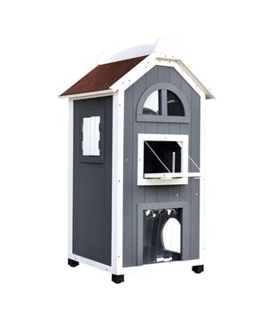 
Het kattenhuis met twee verdiepingen laat niets te wensen over: hier kunnen je huisdieren ravotten, rusten en observeren. Meerdere ingangen, een raam en een balkon bieden ze een goed uitzicht, terwijl de hangmat binnenin hen uitnodigt om te slapen. Het kattenhuis is gemaakt van massief dennenhout, heeft een asfalt dak en is weerbestendig. Zo zijn je huisdieren zelfs in de tuin beschermd tegen de elementen. Trakteer je kleine tijgers op wat speelplezier!  Materiaal: sparrenhout, asfalt dak Totale afmetingen: L59 x B55 x H109 cm Afmetingen hoofdingang: B22 x H25 cm Afmetingen balkon: B21,5 x H16,5 cm Afmetingen van de onderste grot: Ø20,5 cm Afmetingen middelste deur: B16,5 x H18,5 cm Afmetingen achterdeur: B42,5 x H73,5 cm Afmetingen van de binnenhelling: L30 x B19,8 cm Maximaal draagvermogen: 30 kg Kleur: Grijs - Afmeting: - Kleur: Grijs - Materiaal: Hout