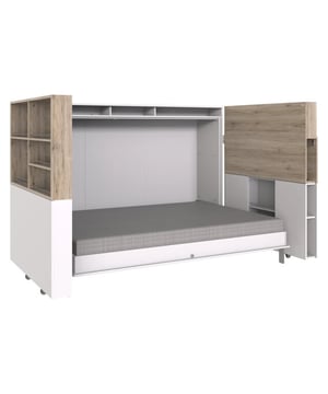 
Ontdek onze Horizontaal opklapbaar bed 120x200 met bedindeling - L212 cm. Ideaal voor kleine ruimtes of studentenwoningen, is dit opklapbed met bedindeling een slim meubelstuk dat ruimte bespaart en u gemakkelijk kunt omschakelen van een bed naar opbergruimte. U krijgt extra opbergruimte zonder ruimte te verliezen. Het inklapbare bureau in de bedindeling biedt u een perfect 3-in-1 meubelstuk voor kleine interieurs. Wanneer het bed gesloten is, heeft het de vorm van een opbergconsole waarop u naar keuze objecten kunt plaatsen. Het discrete en strakke uiterlijk past bij elke interieurstijl. Productkenmerken: Opklapbaar bed. Hoofdmateriaal: Melamine spaanplaat. Wit / Wit - omrand met San Remo eiken. Matras niet inbegrepen. Bedafmetingen: Bed: Lengte 212 cm x Hoogte 134 cm x Diepte 43 cm - Netto gewicht: 127 kg. Bedindeling: Lengte 216 cm x Hoogte 144 cm x Diepte 61 cm - Netto gewicht: 125 kg. Afmetingen bedverpakking: Verpakking nr. 1: Breedte 70,4 cm x Diepte 136,1 cm x Hoogte 10,3 cm - Bruto gewicht: 24 kg. Verpakking nr. 2: Breedte 43,3 cm x Diepte 132,8 cm x Hoogte 5,7 cm - Bruto gewicht: 30 kg. Verpakking nr. 3: Breedte 43 cm x Diepte 209,9 cm x Hoogte 7,2 cm - Bruto gewicht: 34 kg. Verpakking nr. 4: Breedte 37,3 cm x Diepte 47,5 cm x Hoogte 132 cm - Bruto gewicht: 19 kg. Verpakking nr. 5: Breedte 43,6 cm x Diepte 216,1 cm x Hoogte 6,2 cm - Bruto gewicht: 27 kg. Totaal bruto gewicht: 134 kg. Afmetingen bedindelingsverpakking: Verpakking nr. 1: Breedte 46,2 cm x Diepte 185,7 cm x Hoogte 6 cm - Bruto gewicht: 35 kg. Verpakking nr. 2: Breedte 46,1 cm x Diepte 216,9 cm x Hoogte 6,2 cm - Bruto gewicht: 29 kg. Verpakking nr. 3: Breedte 66,6 cm x Diepte 112,7 cm x Hoogte 7,1 cm - Bruto gewicht: 25 kg. Verpakking nr. 4: Breedte 41,6 cm x Diepte 113 cm x Hoogte 5,9 cm - Bruto gewicht: 16 kg. Verpakking nr. 5: Breedte 71,6 cm x Diepte 110,8 cm x Hoogte 7,7 cm - Bruto gewicht: 27 kg. Totaal bruto gewicht: 132 kg. Merk: CaliCosy Kleur: White
