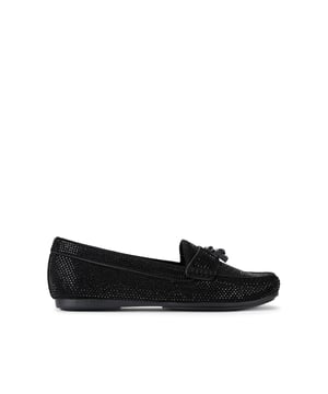 This Kurt Geiger Brixton Moccasin is a black fabric loafer which is embellished with black crystals. Black padlock detail on the front toe.
