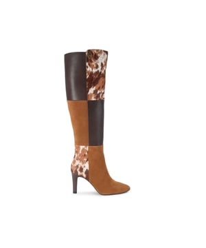 This Kurt Geiger Panelled Knee Boot is crafted from three textured leathers with a small antiqued brass padlock detail on the outer side of the ankle shaft. Heel height: 8.5cm.