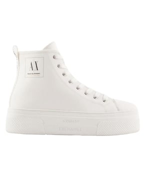 Marke: Armani Exchange. Obermaterial: Baumwolle, Polyester, PU (Polyurethan). Futterstoff: Baumwolle, Polyester, PU (Polyurethan). Einlegesohle: Baumwolle. Laufsohle: Synthetischer Stoff. Ösen: 8. Gepolsterte Zunge, Anziehlasche, Gummi-Zehenpuffer. Absatz: Plattform-Absatz. niedrig geschnitten. Design: Logo, Patch. Zehenstil: Rund. Zum Schnüren.