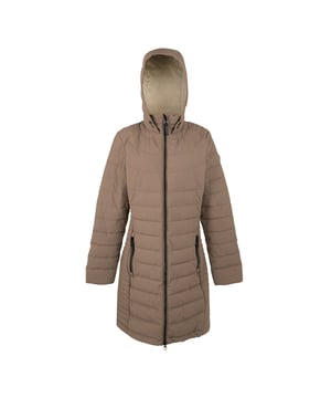 100% Polyester. Filling: Feather-Free, Synthetic Down. Lining: Taffeta. Filling: 200gsm. Design: Plain. 112gsm. Fabric Technology: Durable Water Repellent Finish, Lightweight, Water Repellent. Neckline: Hooded. Sleeve-Type: Long-Sleeved. Quilted. Hood Features: Grown On Hood. Length: Longline. Pockets: 2 Side Pockets, Zip. Fastening: Full Zip, Two Way Zip. Sustainability: Made from Recycled Materials. Waistline: Part Elasticated. 8 UK: 32 in. 10 UK: 34 in. 12 UK: 36 in. 14 UK: 38 in. 20 UK: 45 in. 22 UK: 48 in. 24 UK: 50 in. 26 UK: 52 in. 18 UK: 43 in. 16 UK: 40 in.