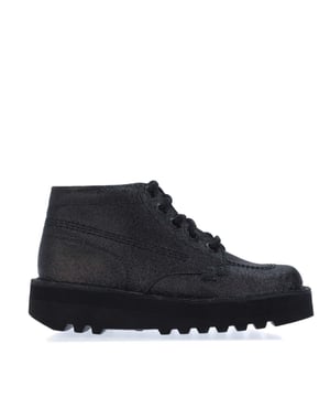 Womens Kickers Kick Hi Stack Glitter Boots in black.Level up your look with these Kick Hi Stacks. Things that make them great: they’re made with soft and durable leather with a glitter upper  the super light flatform sole makes them stand-out  and they still have all our iconic Kickers’ features. You’ll spot our signature triple stitch construction  our branded fleurette  black metal kickers tab and tonal eyelets for a slick finish.Textile upper  Synthetic textile lining  Synthetic sole.Ref: 1-17448