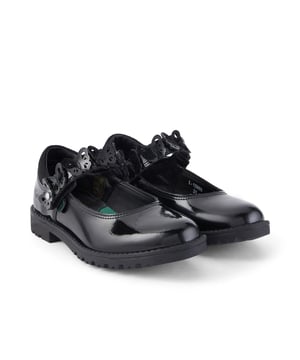 Girl's Kickers Kids Lachly Butterfly Patent Shoes. The Kickers Girl's Lachly Butterfly Mary Jane School Uniform Shoe is a timeless Mary Jane style shoe designed for everyday comfort. It features a cushioned fit for all-day wear and is made of patent-leather with a rubber sole. The shoe is water-resistant and has a round toe style with a flat heel. It is adorned with glitter embellishments and has a buckle closure. Material: Patent Leather Upper, Synthetic Sole. Ref: 115968.
