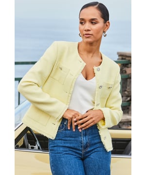 Instant chic
Mood-boosting yellow boucle fabric
Frayed trims and diamante buttons up the luxe factor
Cut for a chic boxy fit
You'll wear it year-round
It'll take jeans and a tee to new levels