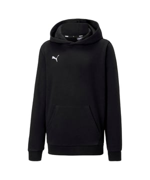 Junior Puma TeamGOAL 23 Casuals Pullover Hoodie in Puma black.The Goal collection combines high-performance materials with modern design to keep your team prepared for the demands of the game at every level.- Hooded- Kangaroo pocket to front- Ribbed cuffs and hem- PUMA Cat logo at right chest- Main material: 68% Cotton  32% Polyester.  Lining: 100% Cotton.  Rib: 97% Cotton  3% Elastane.  Machine washable.- Ref: 656711-03