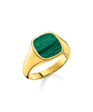 Thomas Sabo Signet Ring. It is given a special value by the finishing with yellow gold. Highlight: Each golden ring is unique thanks to the individual structure of the inlay made of imitation malachite. The ring head is brilliantly polished and exceptionally smooth. This piece of jewellery with its minimalist design is an ideal companion for every day. It is also suitable as a gift for favourite people and, as a unisex ring, makes an exceptional partner ring. Material: 100% 18K Gold Plated Sterling Silver (Recycled). Ref: TR23321406.