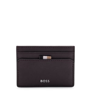 Mens BOSS Zair Card holder with signature stripe and logo detail in open red.A refined card holder in structured  high-shine material by BOSS. This accessory features a signature-stripe trim and a logo detail.- Measurements: 10 x 7cm approximately.- 1 inside open pocket- 4 credit card slots- Polished silver hardware- Fully lined- Outside embossed logo- Presented in branded gift box.- Main material: 100% Regenerated leather.  Lining: 100% Polyester.  Facing: 100% Polyamide (recycled)- Ref: 50498629-642