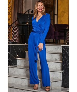 Nothing to wear? Not anymore Slinky fabric hits the sweet spot between glamorous and comfy Oh-so-flattering wrap front Tie waist falls to statement wide legs Elevated with a luxe gold ring shoulder detail Think gold accessories and a glass of something sparkly Inside leg to fit: Short 29" | Regular 31" | Long 33"