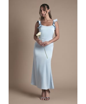 Elegant square neckline with charming ruffle detail
        Flattering midi length for a sophisticated silhouette
        Delicate satin fabric adds a luxurious touch
        Stylish open back design with tie closure
        Figure-hugging fit accentuates curves beautifully
    
    Step into the spotlight as a stunning bridesmaid in this enchanting Oasis midi dress. The square neckline adorned with playful ruffles adds a touch of whimsy to the elegant design. Perfect for complementing the bride's chosen colour palette, this dress is a versatile choice for any wedding theme. The satin fabric drapes gracefully, creating a sleek silhouette that's both flattering and comfortable for all-day wear. Pair with strappy heels and delicate jewellery to complete your bridal party look. Whether you're walking down the aisle or dancing the night away, this dress ensures you'll feel confident and radiant throughout the celebration. Its timeless design makes it a cherished piece you'll treasure long after the wedding day.