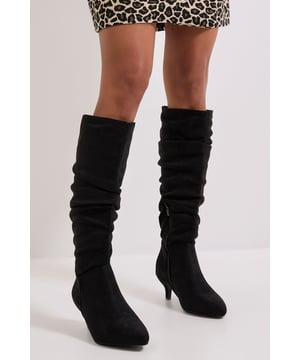 Khloe Faux Suede Kitten Heel Knee High Ruched Boots