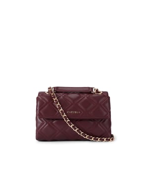 This Carvela Rosa Chain shoulder bag features a dark red exterior with overstitch quilting in a diamond design. There is gold tone branding on the front and hardware details across the bag. Dimensions: 14cm (H), 21cm (L), 5cm (D). Strap length: 59cm.