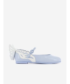 Sophia Webster craft spellbinding aesthetics driven by innovation and newfound creativity. These girls frozen blue ballerina pumps are reflective of the label's distinctive craftsmanship and unique outlook. They feature white angel wings, a pastel blue strap across the foot, and silver hardware for a sweet and charming look.

Upper: 100% Leather
Outsole: 100% Rubber