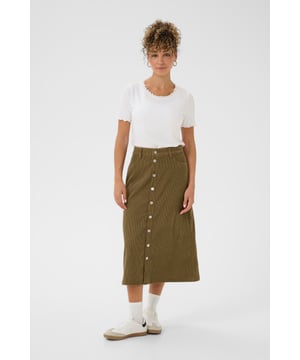 Cordrock für Damen mit Knopfleiste, klassischem 5-Taschen-Stil und mittlerer Länge. Komfortabler Schnitt und vielseitig kombinierbar.
