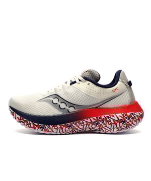 The Saucony Kinvara Pro is the ultimate shoe for runners who are always striving for more. Engineered for every run, this latest NYC Marathon edition of the iconic Kinvara series is designed to enhance your efficiency, helping you perform at your best every day. Whether you're hitting the pavement for a fast workout or a long-distance run, the Kinvara Pro keeps you comfortable and ready to push your limits with every stride.
 Featuring SPEEDROLL Technology, the Kinvara Pro makes running feel easier and faster. This innovative technology works like a propeller, gently rolling you forward with each step, while the 3/4-length carbon plate boosts your speed and energy return. Its the perfect combination of speed and support that keeps you in motion without sacrificing comfort or efficiency.
 The shoe also incorporates PWRRUN PB Cushioning - offering a responsive, springy feel with 90% energy return. This dynamic cushioning helps you feel lighter and more energized as you run, whether you're tackling short sprints or long, steady miles. Built for most runs that keep you progressing, the Kinvara Pro optimises your daily training, helping you unlock your full potential and make every run count.
 - Textile / Synthetic upper
 - Lace-up closure for a secure fit
 - Soft padded heel & ankle collar
 - SPEEDROLL technology
 -  length carbon fibre plate
 - PWRRUN RB premium cushioning
 - Comfort cushioned insole
 - Saucony NYC branding