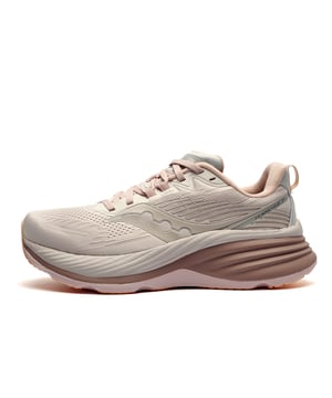 Comfort redefined. Protection elevated. Performance transformed.
 From the ground up, this shoe was built to deliver a new standard of running comfort. Its innovative geometry provides maximum cushioning and a protective feel that keeps you moving with confidence.
 A dual-cushioning system sets the foundation: ultra-responsive PWRRUN PB foam sits directly underfoot for plush comfort youll want to live in, while a broad base of PWRRUN foam surrounds and supports the foot with every step.
 Guiding each stride is Center Path Technology  a breakthrough design with a broader platform, higher sidewalls, asymmetric shaping, and a rocker profile. The result: smoother transitions, stable landings, and an effortless ride from impact to toe-off.
 Whether youre chasing long miles or all-day comfort, this shoe keeps you protected, cushioned, and ready for whatevers next.
 - Textile/synthetic upper
 - Adaptive lacing system for secure fit
 - Protective fit  cradles the foot securely PWRRUN PB cushioning
 - CenterPath technology for , natural movement.
 - Ortholite sockliner
 - Padded tongue and heel
 - Heel pull for easy on off 
 - Offset: 6mm (38/32 mm)
 - Saucony branding throughout