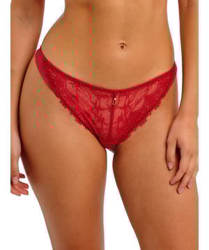 Freya Fascinate Thong. Mid rise thong with little coverage, decorative eyelash edge lace, decorative mesh detailing and metallic ring detailing. Product is hand wash only.