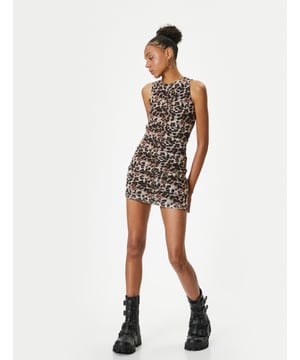 -Mit Drapierdetail -Leopard -Slim -Drapiert -Ohne Tasche -Mini Länge -Ärmellos -Ärmellos -Rundhalsausschnitt -Kleid
