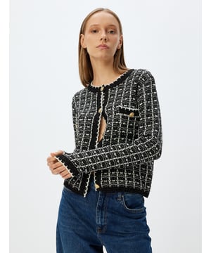 -Mit Schimmer -Regular -Basic - Applizierte Doppeltasche -Normale Länge -Langärmelig -Rundhalsausschnitt -Cardigan