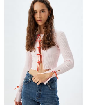 met strik Slim zonder zak Normale lengte Lange mouw Ronde kraag Vest